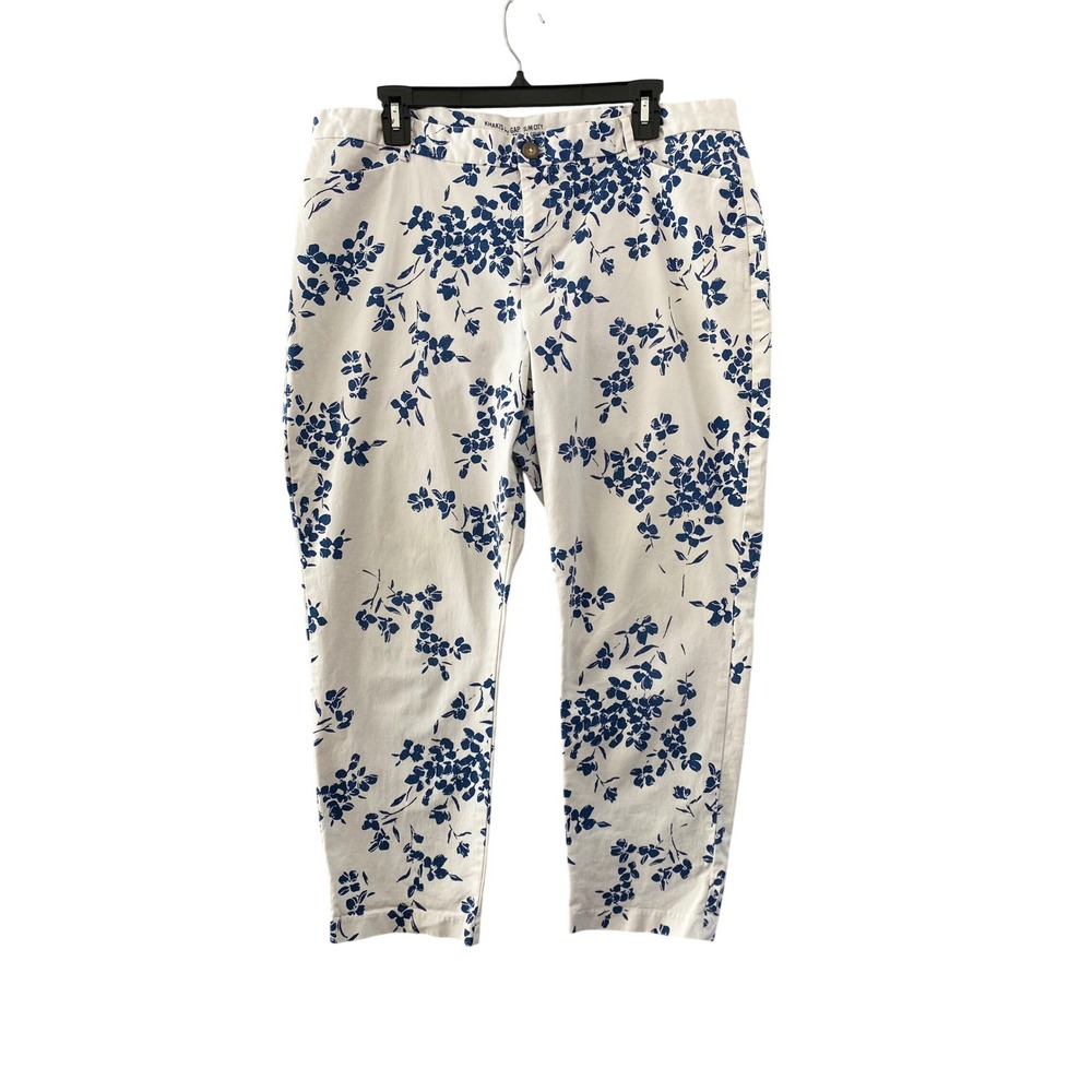 Gap Khakis Slim City Pants Women 16R White Blue Floral Ankle Chino Zip Fly Butto